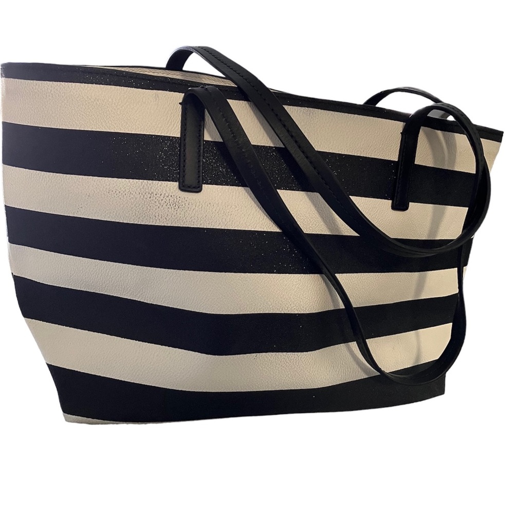 Kate Spade Black and White Striped Leather Tote Bag